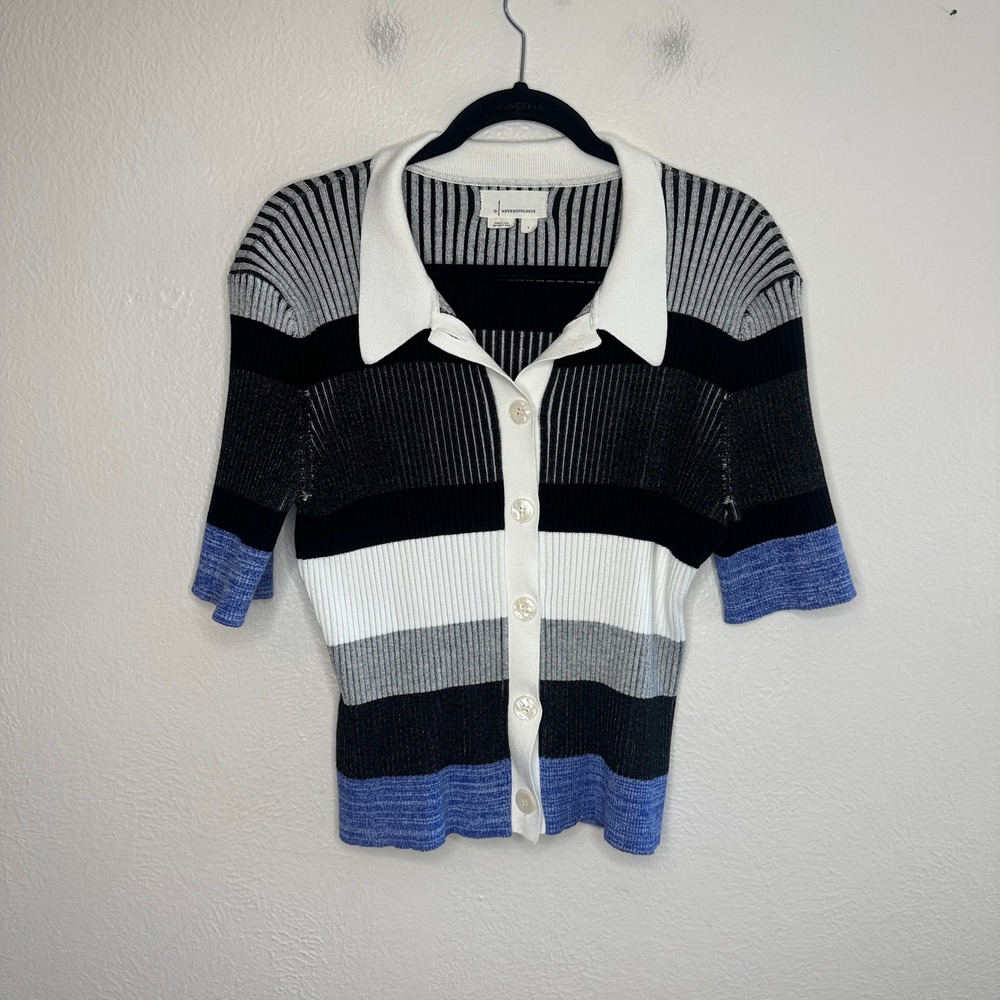 Anthropologie Short-Sleeve Collared Sweater Striped Ribbed Knit Cardigan Size L - Picture 4 of 10